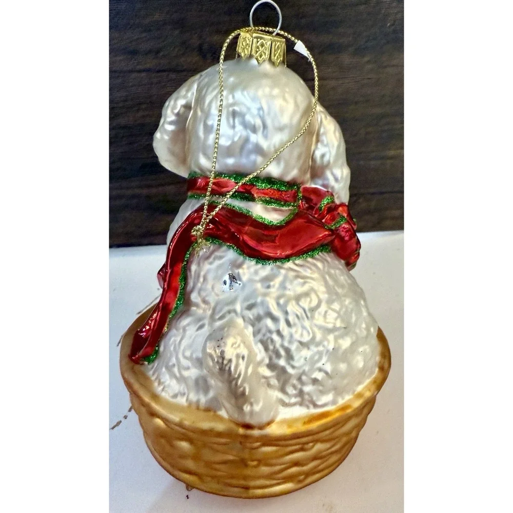 AMC Blown Glass Ornament Maltese Bichon Cockapoo White Puppy w Ribbon Basket IOB